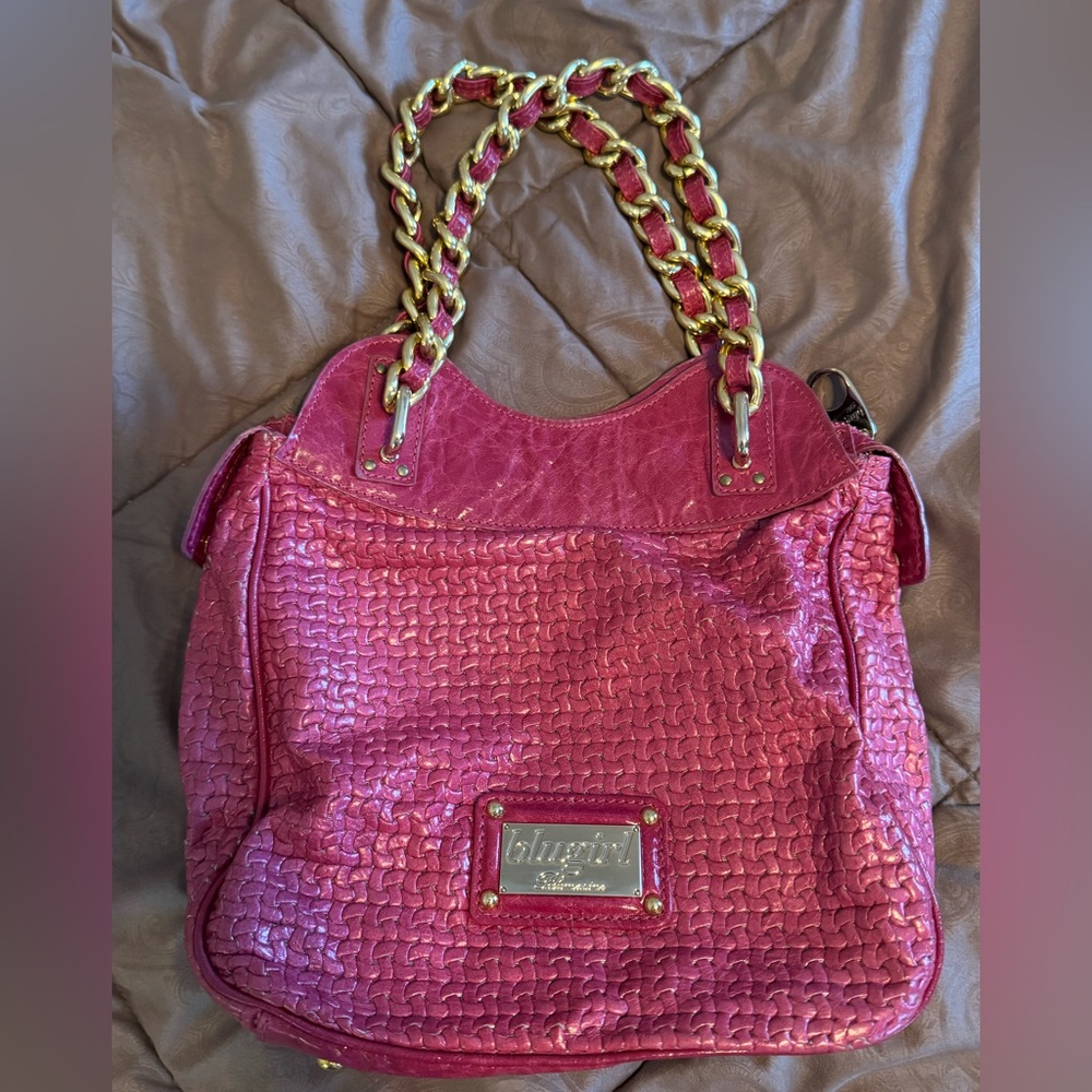 Blugirl/Blumarine Magenta Leather Woven Bag With Gold Hardware